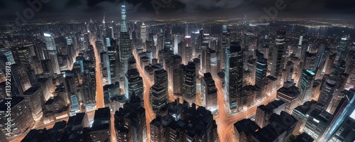 Distorted time-lapse footage of a city at night, distorted urbanity , metallic debris, shattered buildings