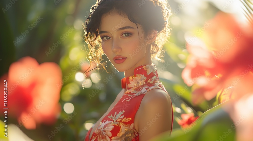 Fototapeta premium A woman in a red and gold floral silk dress with a delicate floral shoulder cloth stands amidst a Thai flower garden