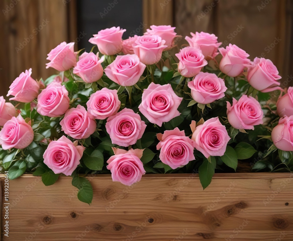 Elegant bouquet of pink roses in a wooden planter box, centerpiece, bouquet Elegant bouquet of pink roses in a wooden planter box, centerpiece, bouquet