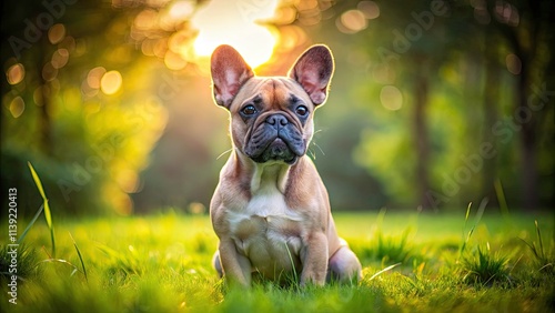 Portrait of a Young French Bulldog on Green Grass in a Park, Minimalist Style, Natural Lighting, Cute Pet Photography, Dog in Nature, Playful Canine, Outdoor Scene, Pet Loverâ€™s Dream photo