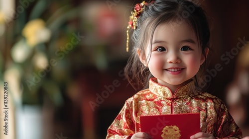 Child happily receiving a red envelope from grandparents, traditional Chinese attire, warm family atmosphere, celebrating tradition photo