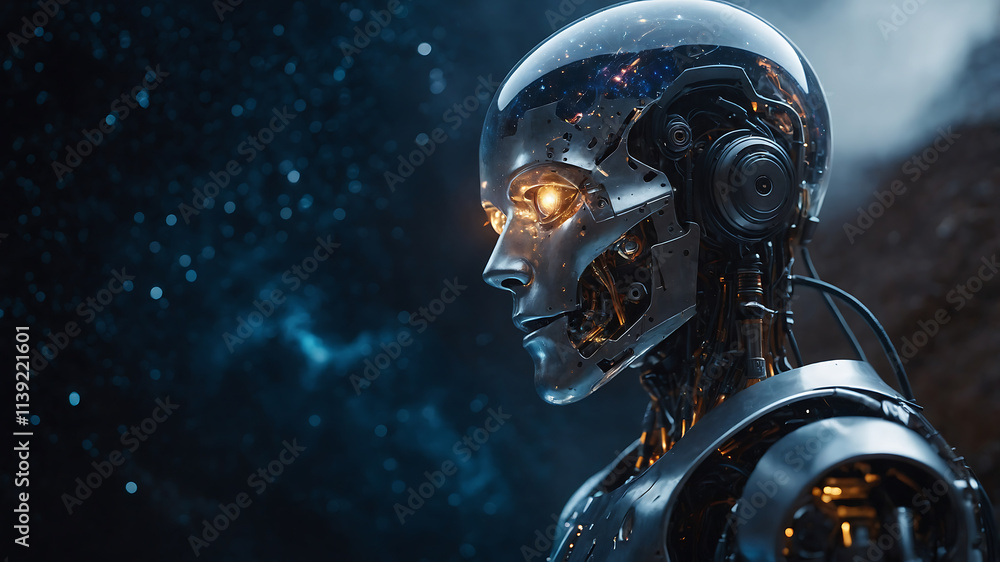 A futuristic robot with a transparent head showcasing glowing internal components and striking illuminated eyes. A futuristic robot with a transparent head showcasing glowing internal components and striking illuminated eyes.