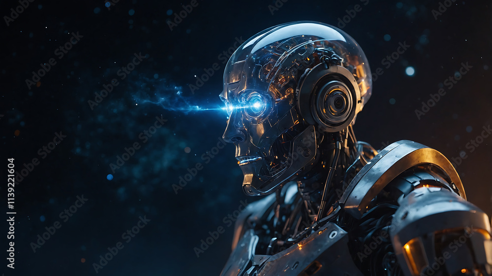 A futuristic robot with a transparent head showcasing glowing internal components and striking illuminated eyes. A futuristic robot with a transparent head showcasing glowing internal components and striking illuminated eyes.