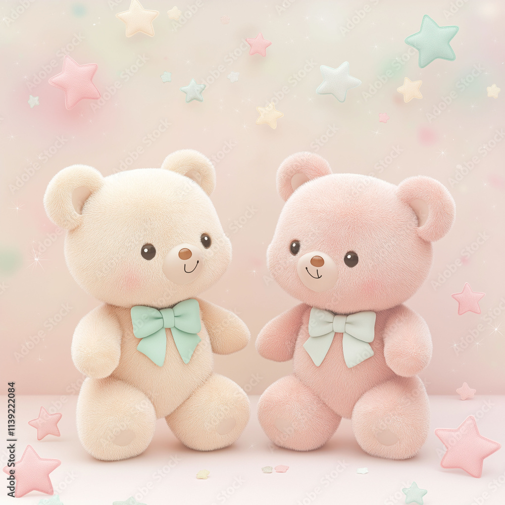 Obraz premium Cute teddy bear couple holding valentine heart shape on pink background. Lovers' day celebration decoration. Birthday decoration with teddy bear couple. Love concept .Gift decorations