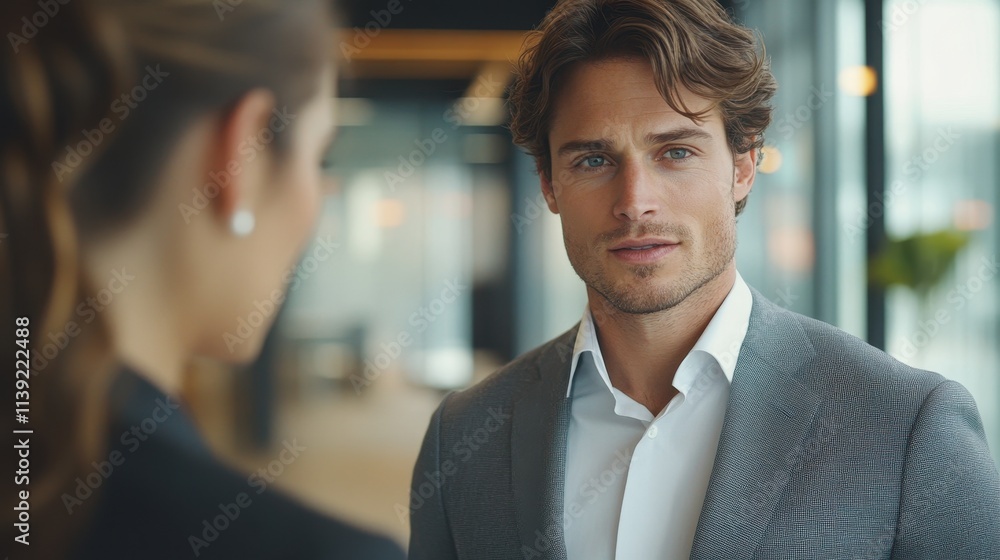 Handsome businessman in grey suit looks intently. Ideal for business, finance, or corporate themes. Handsome businessman in grey suit looks intently. Ideal for business, finance, or corporate themes.