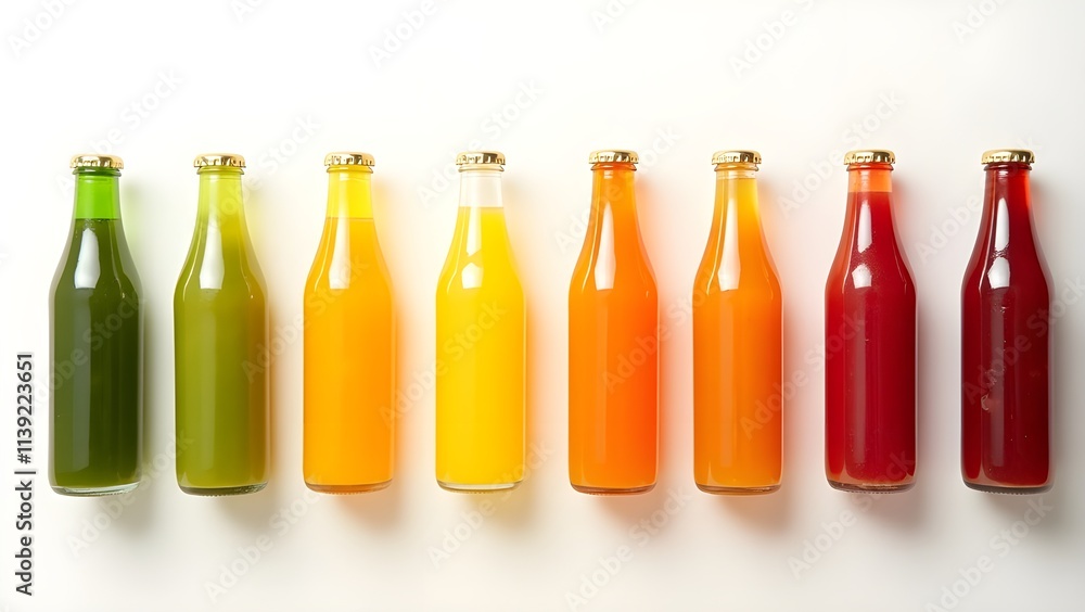 A selection of fresh fruit juices in clear bottles with vibrant colors A selection of fresh fruit juices in clear bottles with vibrant colors