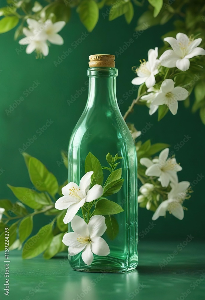 Green glass bottle containing jasmine flowers and leaves against a green background, jasmine flowers, foliage Green glass bottle containing jasmine flowers and leaves against a green background, jasmine flowers, foliage