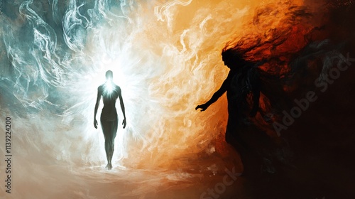 Ethereal Transformation: The Contrast Between Light and Dark in a Mystical Journey of Self-Discovery and Inner Conflict Represented Through Personification