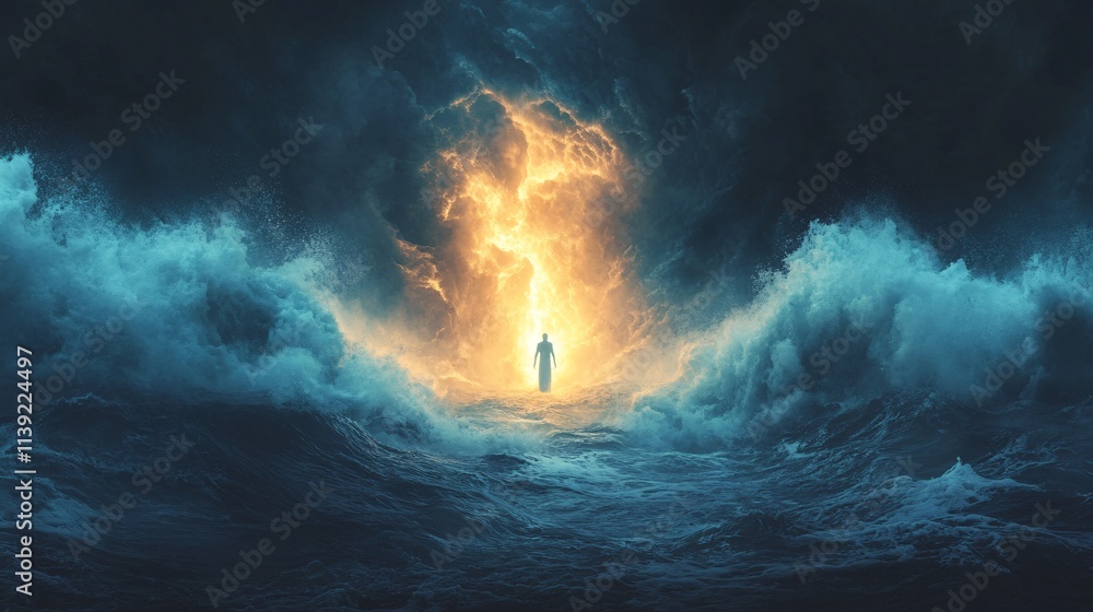 Ethereal figure standing amidst turbulent ocean waves as a radiant light bursts forth from the depths, illuminating a dramatic stormy sky with a sense of mystery and awe. Ethereal figure standing amidst turbulent ocean waves as a radiant light bursts forth from the depths, illuminating a dramatic stormy sky with a sense of mystery and awe.