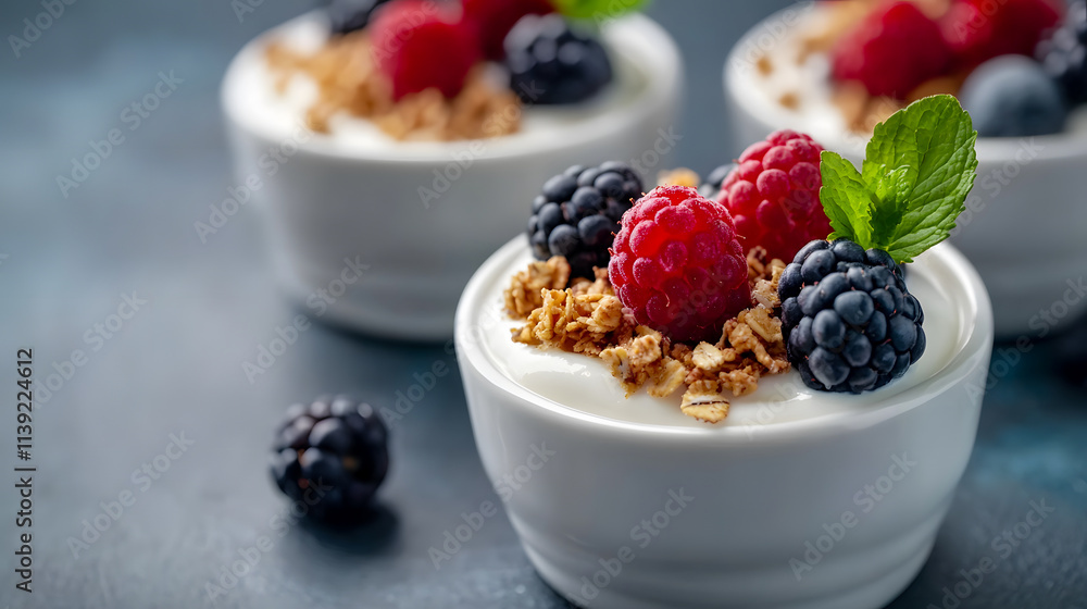 Healthy breakfast bowl of yogurt topped with granola and berries Healthy breakfast bowl of yogurt topped with granola and berries