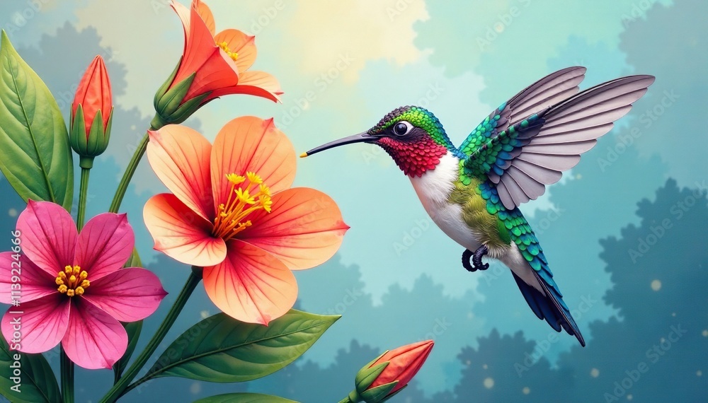 Hummingbird sipping nectar from a colorful flower, hummingbird, watercolor, paper craft Hummingbird sipping nectar from a colorful flower, hummingbird, watercolor, paper craft