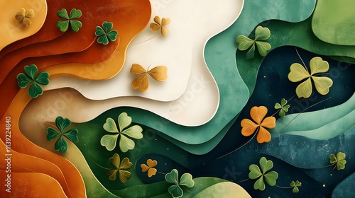 awesome classic boho St. Patrick's Day background with flowing lines of shamrocks, abstract rainbow shapes, and Celtic patterns in earthy greens, browns, and cream