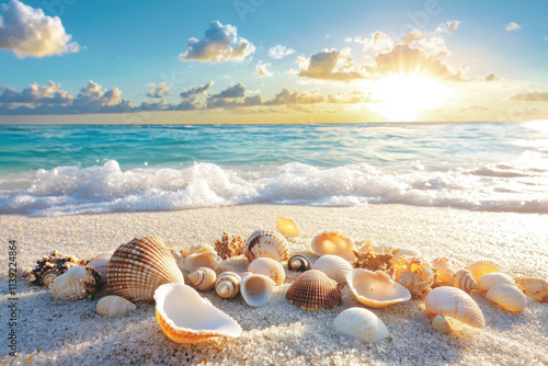 Seashells on soft sand at sunset beach scene closeup photography coastal environment tranquil view nature's beauty