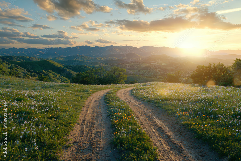 Fototapeta premium Tire tracks on dirt road leading to rolling hills sunset landscape nature photography scenic view
