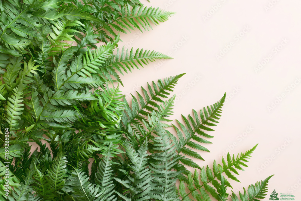 Naklejka premium Vibrant green ferns close-up pastel pink background nature photography detail focus serene viewpoint botanical concept
