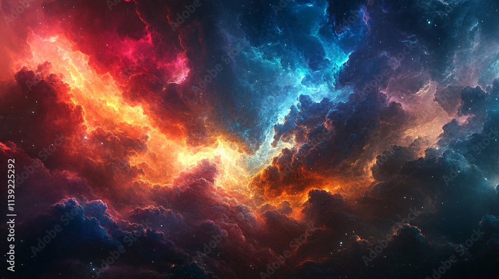 Cosmic Nebula with Vibrant Colors and Dramatic Clouds in a Starry Night Sky Ideal for Science Fiction and Space Exploration Themes in Digital Art Cosmic Nebula with Vibrant Colors and Dramatic Clouds in a Starry Night Sky Ideal for Science Fiction and Space Exploration Themes in Digital Art