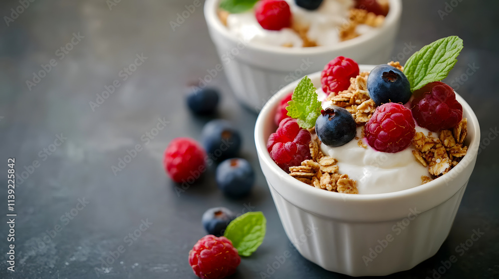 Healthy breakfast bowl of yogurt topped with granola and berries Healthy breakfast bowl of yogurt topped with granola and berries