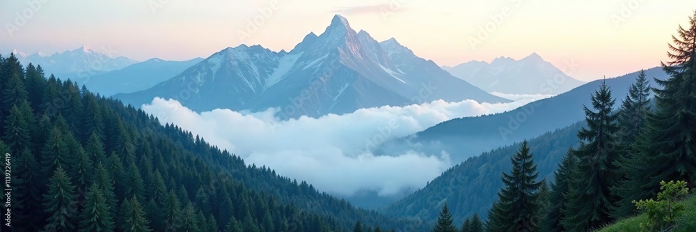 Majestic mountain peaks shrouded in misty forest, forest, scenery Majestic mountain peaks shrouded in misty forest, forest, scenery