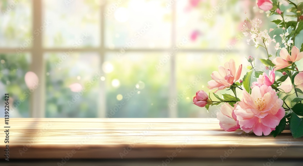 Sunlit wooden table with pink flowers near window. Sunlit wooden table with pink flowers near window.