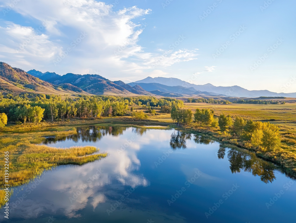 Serene blue sunrise over calm lake with tree and mountain reflections nature photography tranquil environment aerial view Serene blue sunrise over calm lake with tree and mountain reflections nature photography tranquil environment aerial view