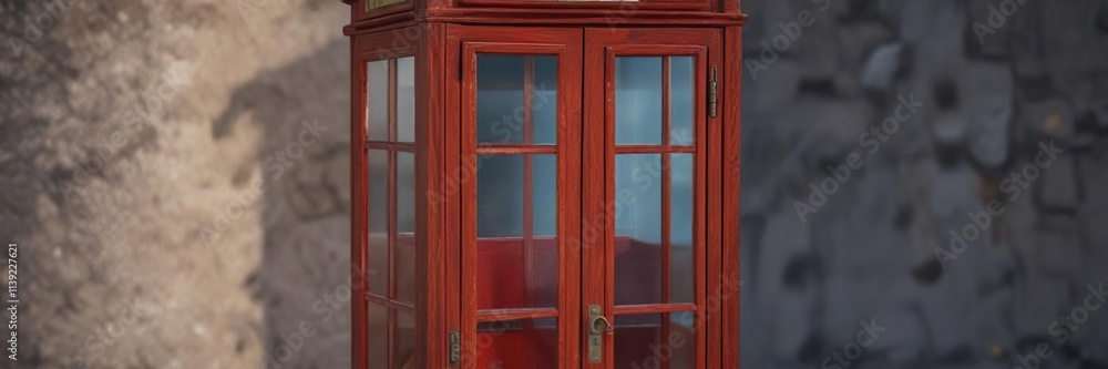 Old wooden telephone box with glass door and brass hinges, telephone, antique