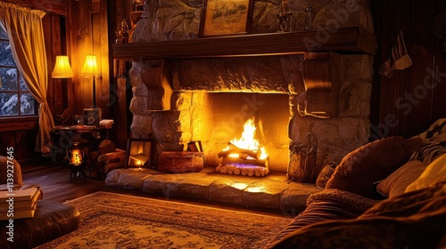 Cozy fireplace with crackling flames