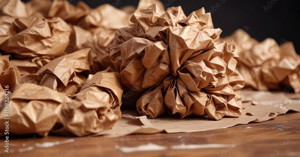pile of crumpled brown wrapping paper on a table, paper scraps, crumpled, rough pile of crumpled brown wrapping paper on a table, paper scraps, crumpled, rough