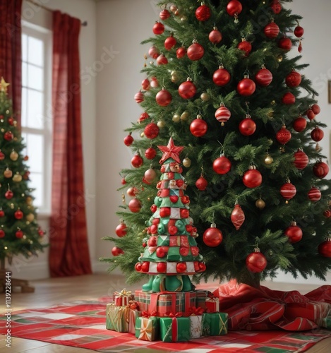 Red and green checkered Christmas tree with ornaments, holiday, Christmas, tree ornaments