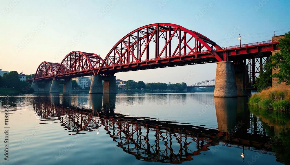 Obraz premium Reflections of iron bridge on the river surface, iron, rippled