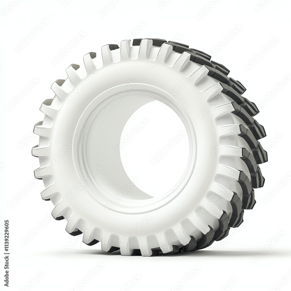 A stylized, white and black tire with a rugged tread design, showcasing its circular form and textured surface.