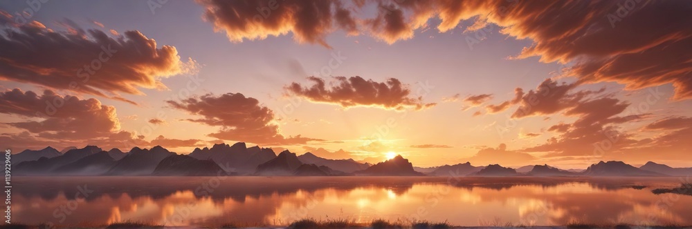 Obraz premium Serene sunset with wispy clouds reflecting warm golden light, beautiful, sunset, sky