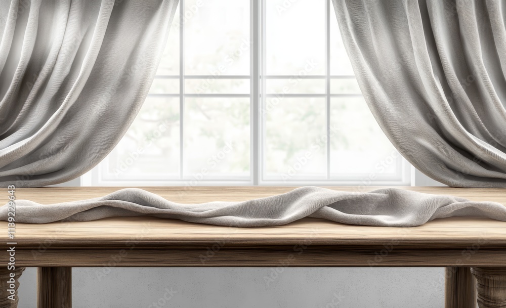 Wooden table with draped fabric near window with curtains. Wooden table with draped fabric near window with curtains.