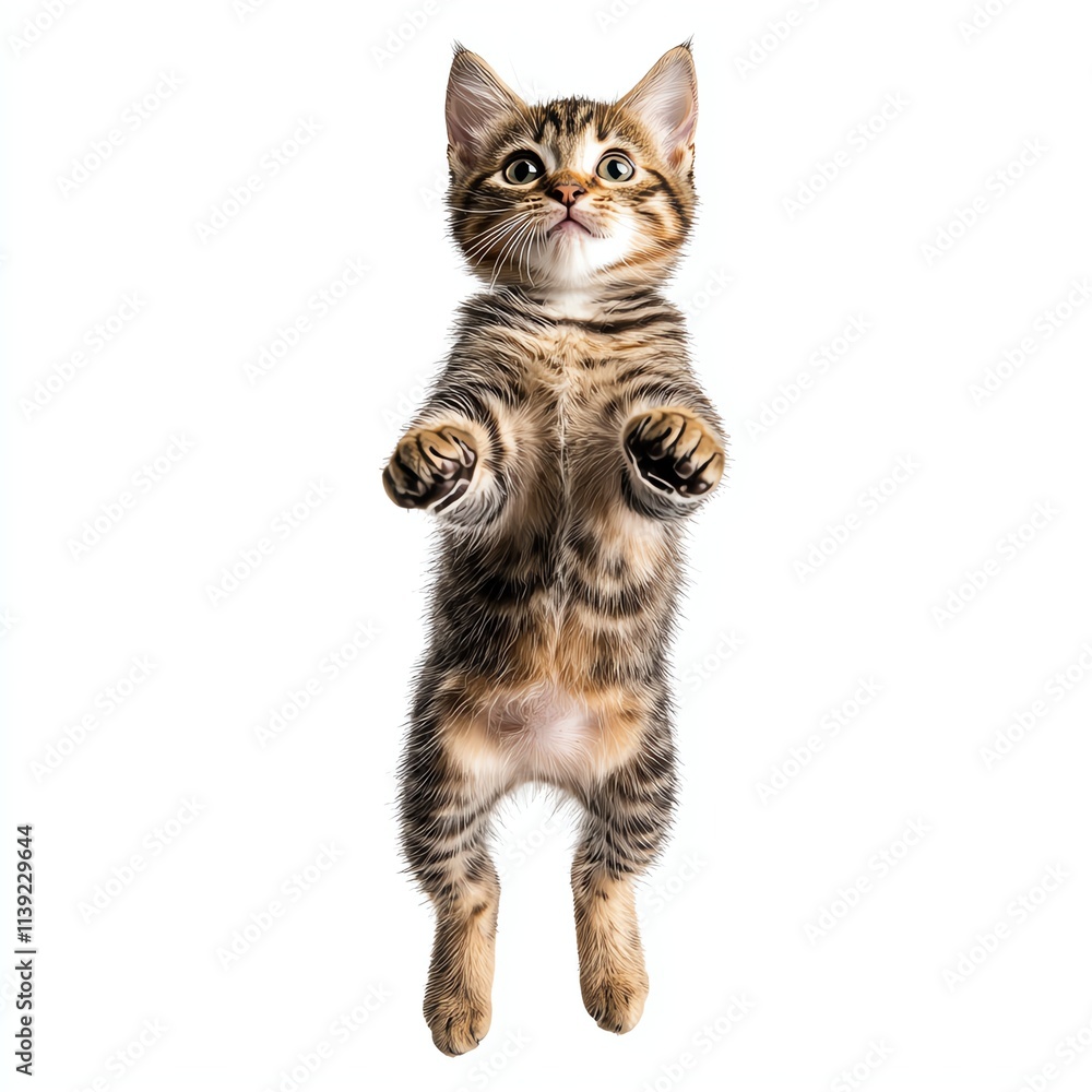 Fototapeta premium A playful tabby kitten is caught mid-leap, showcasing its adorable features and lively spirit against a clean white background.