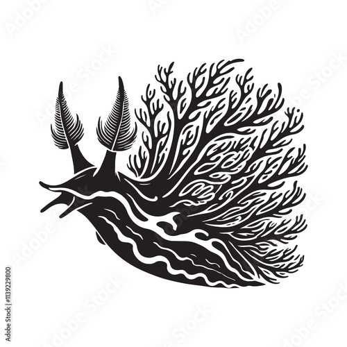 Aeolic Nudibranch  Silhouette Vector Illustration, Solid White Background.