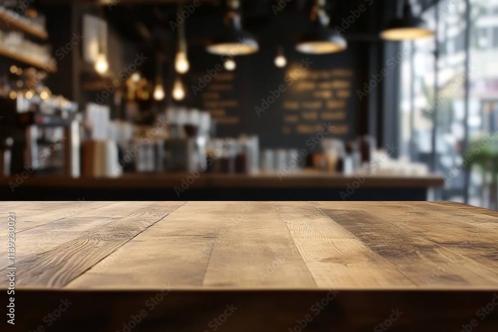 Empty wooden table in blurry coffee shop background. Empty wooden table in blurry coffee shop background.