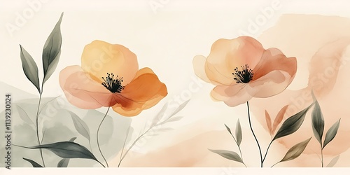 Watercolor painting of two peach-colored flowers with green leaves on a beige background.