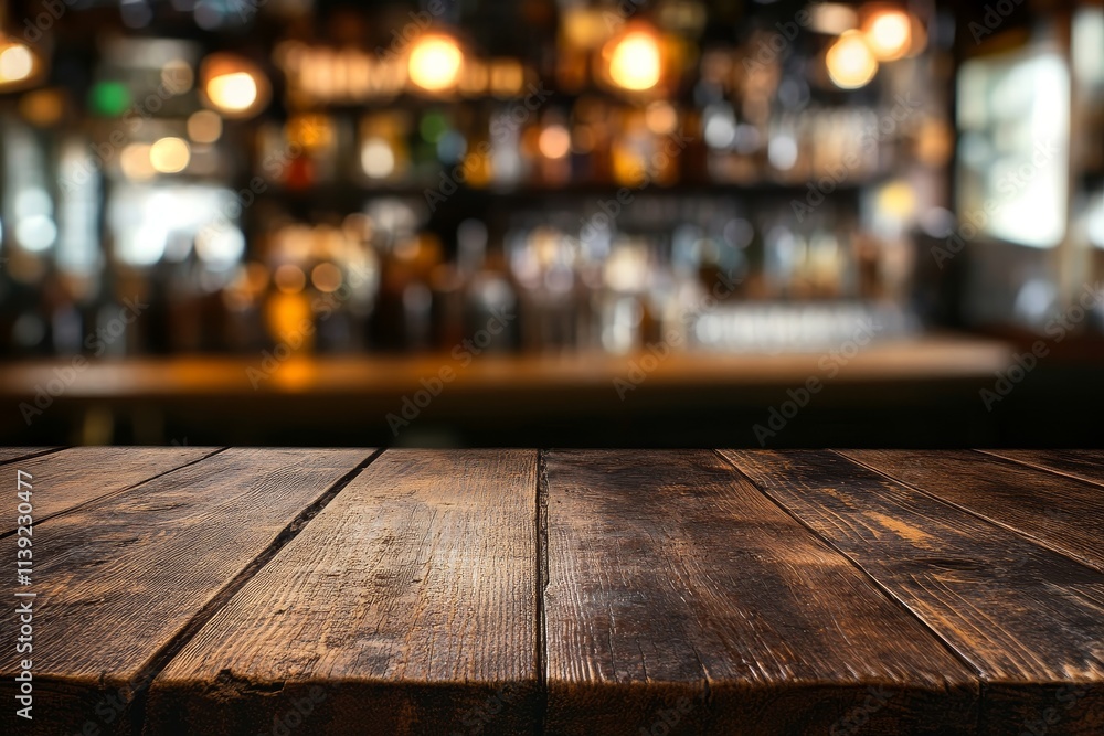 Dark wooden table top with blurred bar background. Dark wooden table top with blurred bar background.