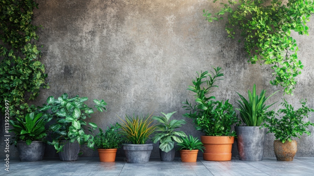 Urban Greenery: A Collection of potted plants against a rustic concrete wall. Urban Greenery: A Collection of potted plants against a rustic concrete wall.