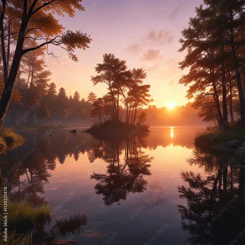Obraz premium Sunset over a serene lake with trees surrounding it, lake, scenery, landscape