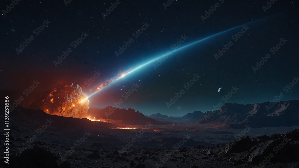 A breathtaking scene of a glowing comet streaking across the night sky, illuminating a vast, barren alien landscape. A breathtaking scene of a glowing comet streaking across the night sky, illuminating a vast, barren alien landscape.