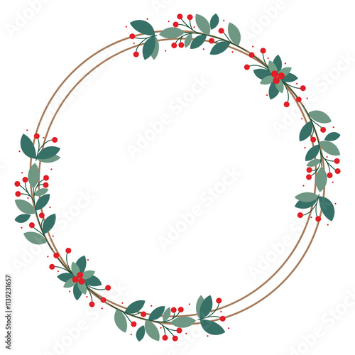 Circle Framed Or Wreath With Red Cherry Berries And Green Leaves