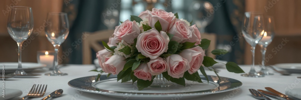 Elegant rose centerpiece on a dinner place setting, table setting,napkin Elegant rose centerpiece on a dinner place setting, table setting,napkin