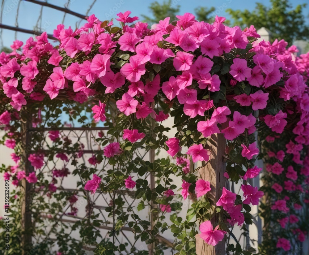 Vibrant pink Bougainvillea flowers blooming on a trellis, ornamental plant, flower, tropical Vibrant pink Bougainvillea flowers blooming on a trellis, ornamental plant, flower, tropical