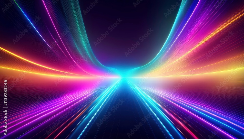 Fototapeta premium Abstract Neon Tunnel: A mesmerizing digital abstract of vibrant neon streaks converging into a glowing tunnel, creating an immersive and futuristic visual experience. This image evokes speed, energy.
