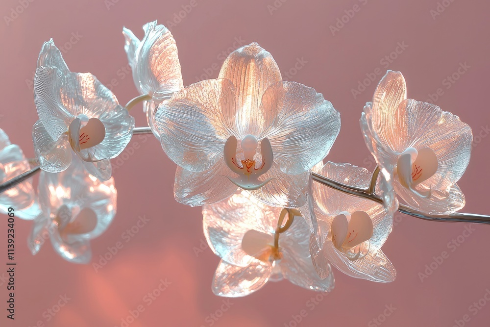 Fototapeta premium Elegant White Orchids Illuminated Against Soft Pink Background