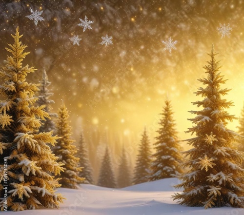 Yellow glitter holiday backdrop with elegant snowflakes and frosty pine trees, peaceful scene, snow-covered trees, wintery ambiance photo