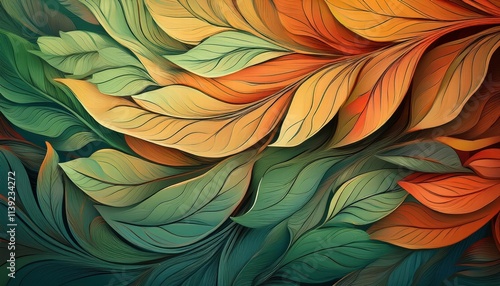 Wallpaper Mural Layered Leaves: A mesmerizing abstract illustration of layered leaves in warm autumnal hues, showcasing intricate textures and patterns in a captivating display of natural beauty.  Torontodigital.ca