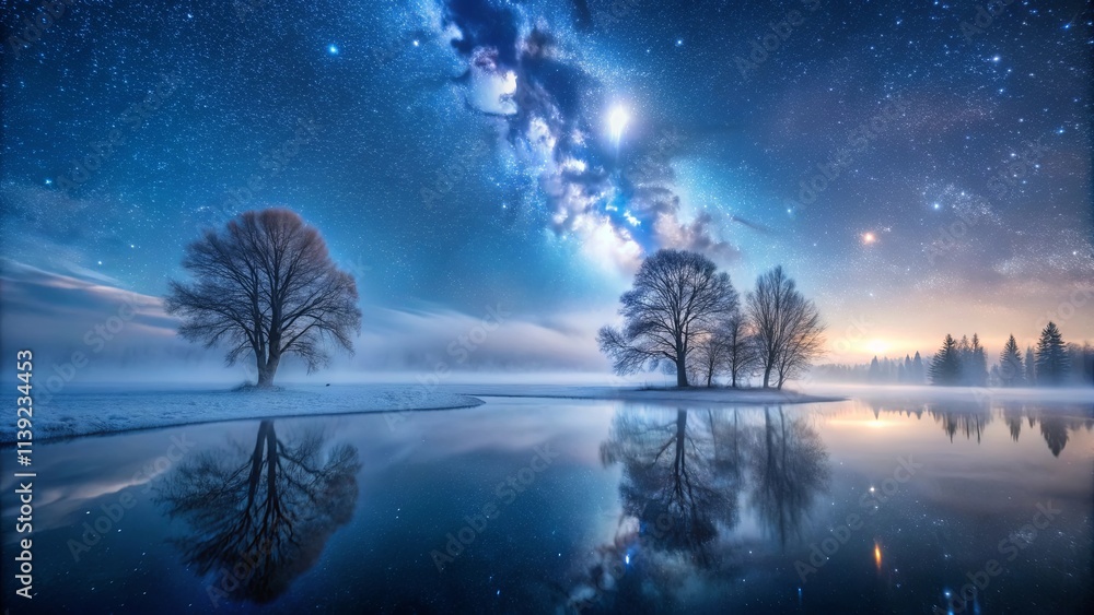 Serene Winter Landscape Under a Starry Night Sky with Milky Way Galaxy and Tree Reflections in Still Water Serene Winter Landscape Under a Starry Night Sky with Milky Way Galaxy and Tree Reflections in Still Water