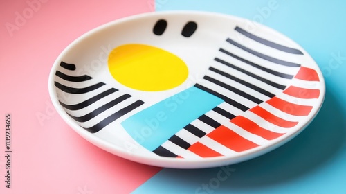 Colorful Artistic Plate Design on Pastel Pink and Blue Background, Featuring Bold Patterns and Playful Shapes for Creative Tableware Decor photo