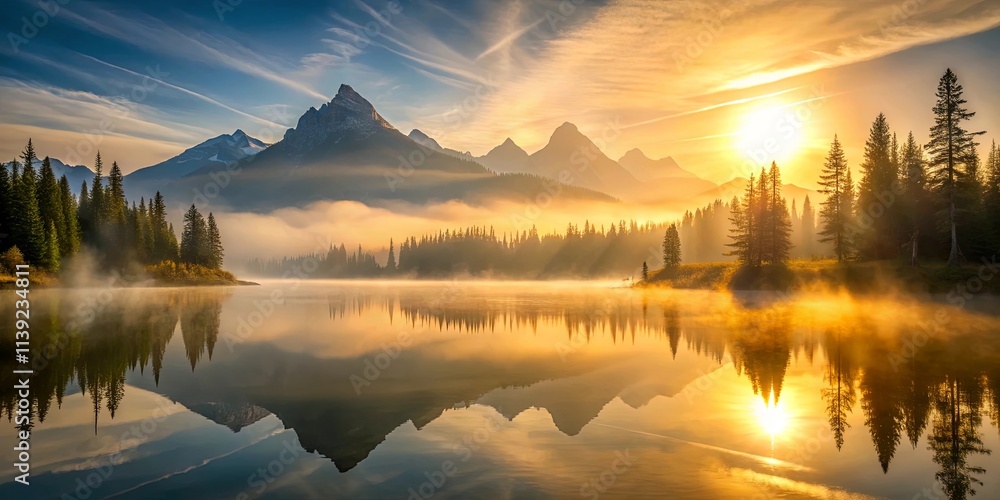 Fototapeta premium Serene sunrise over a tranquil lake, reflecting majestic mountain peaks and misty forest